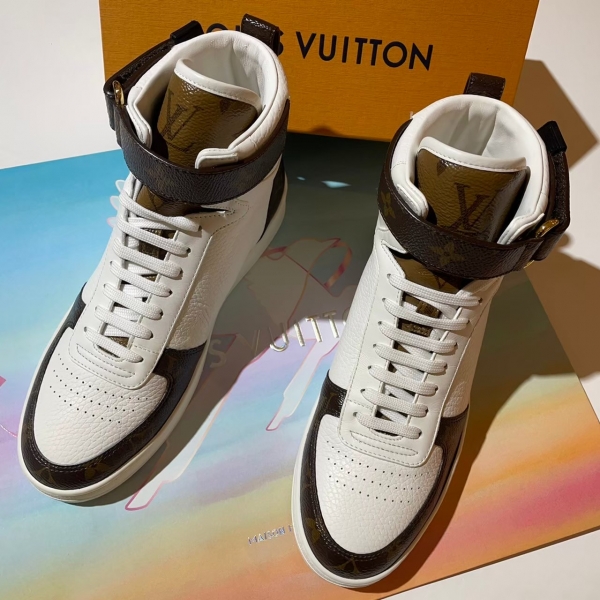 Louis Vuitton 咖啡老花拼接白皮革高筒休閒鞋